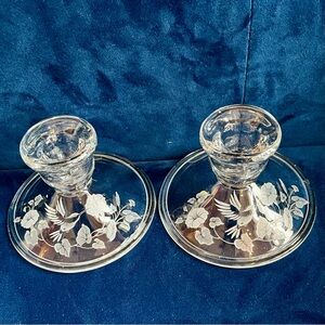 Avon lead crystal taper candle holders, etched with hummingbirds and flowers
